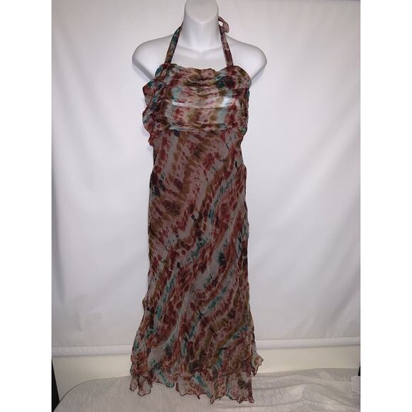 Papillon Dresses & Skirts - Papillon Y2K Purple Floral Mesh Halter Smock Dress Chiffon Ruffle Size Medium